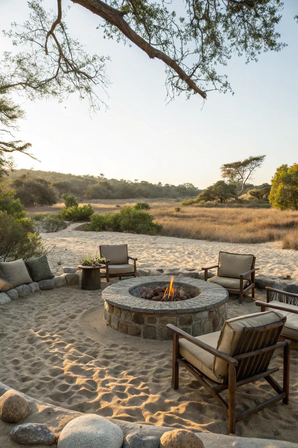 A fire pit brings warmth and ambiance to your beach garden.