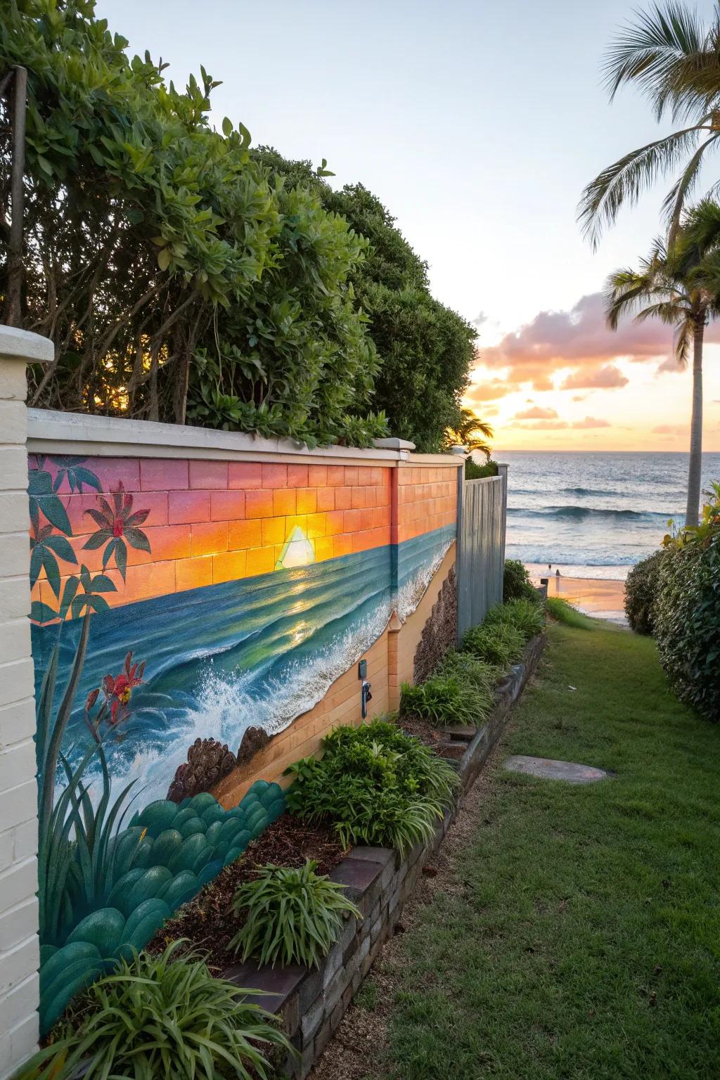 A beach mural transforms a plain wall into a seaside vista.