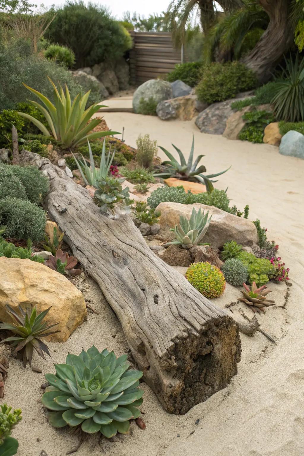 Driftwood adds a rustic and organic touch to your beach-themed garden.