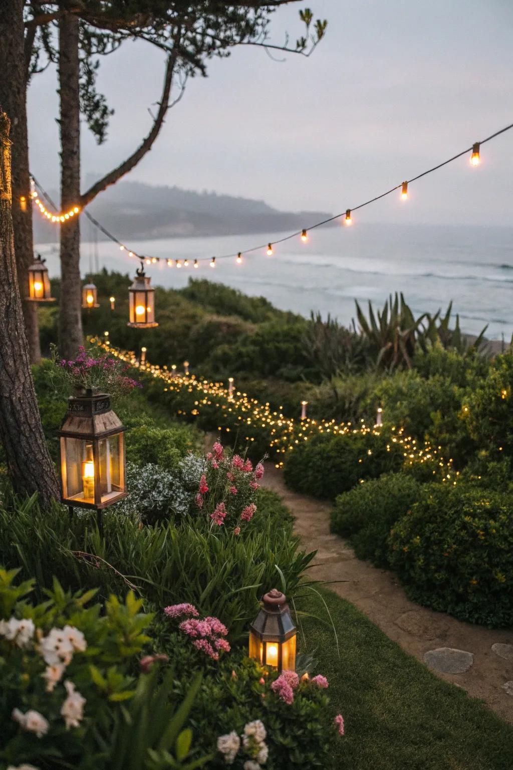 Lighting sets the mood in your beach-themed garden.