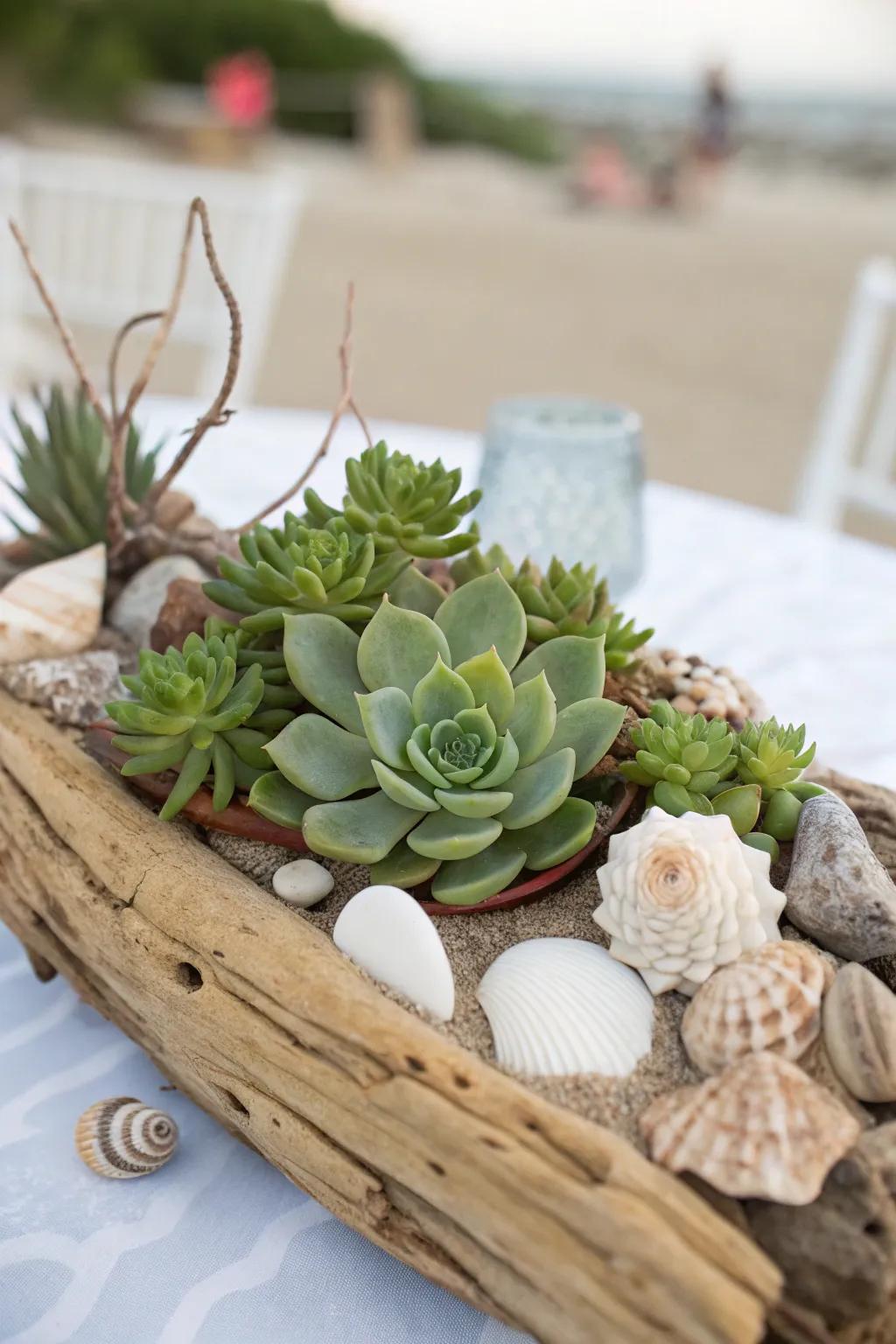 Succulents paired with seashells offer a low-maintenance beach garden feature.