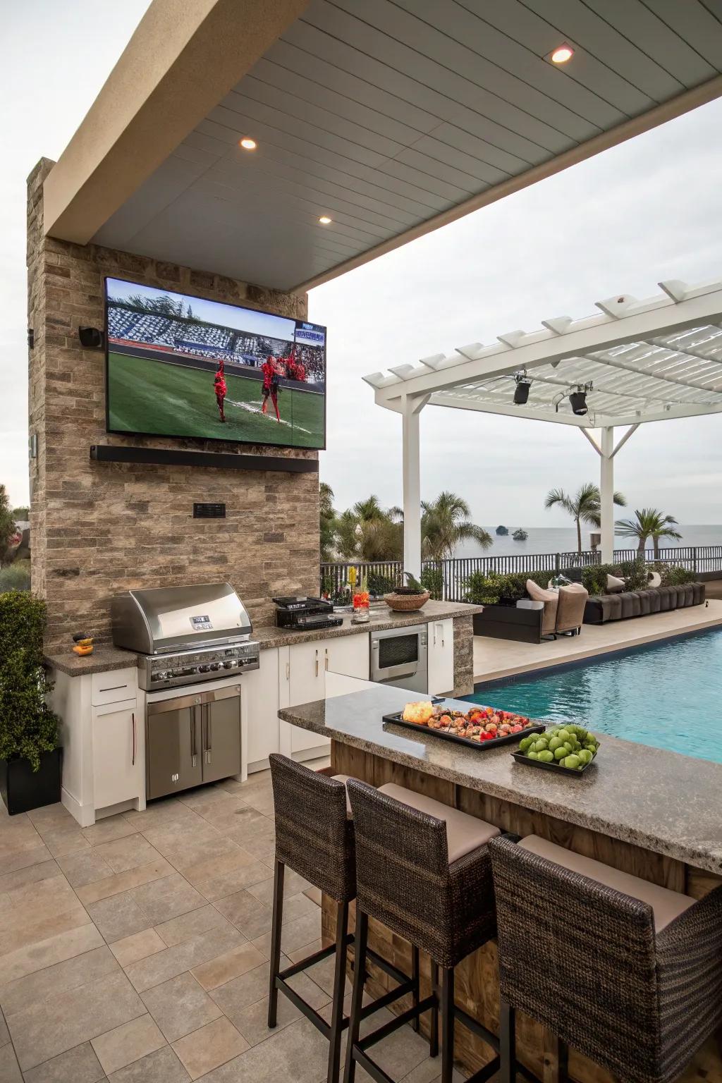 A sports bar setup for ultimate poolside entertainment.