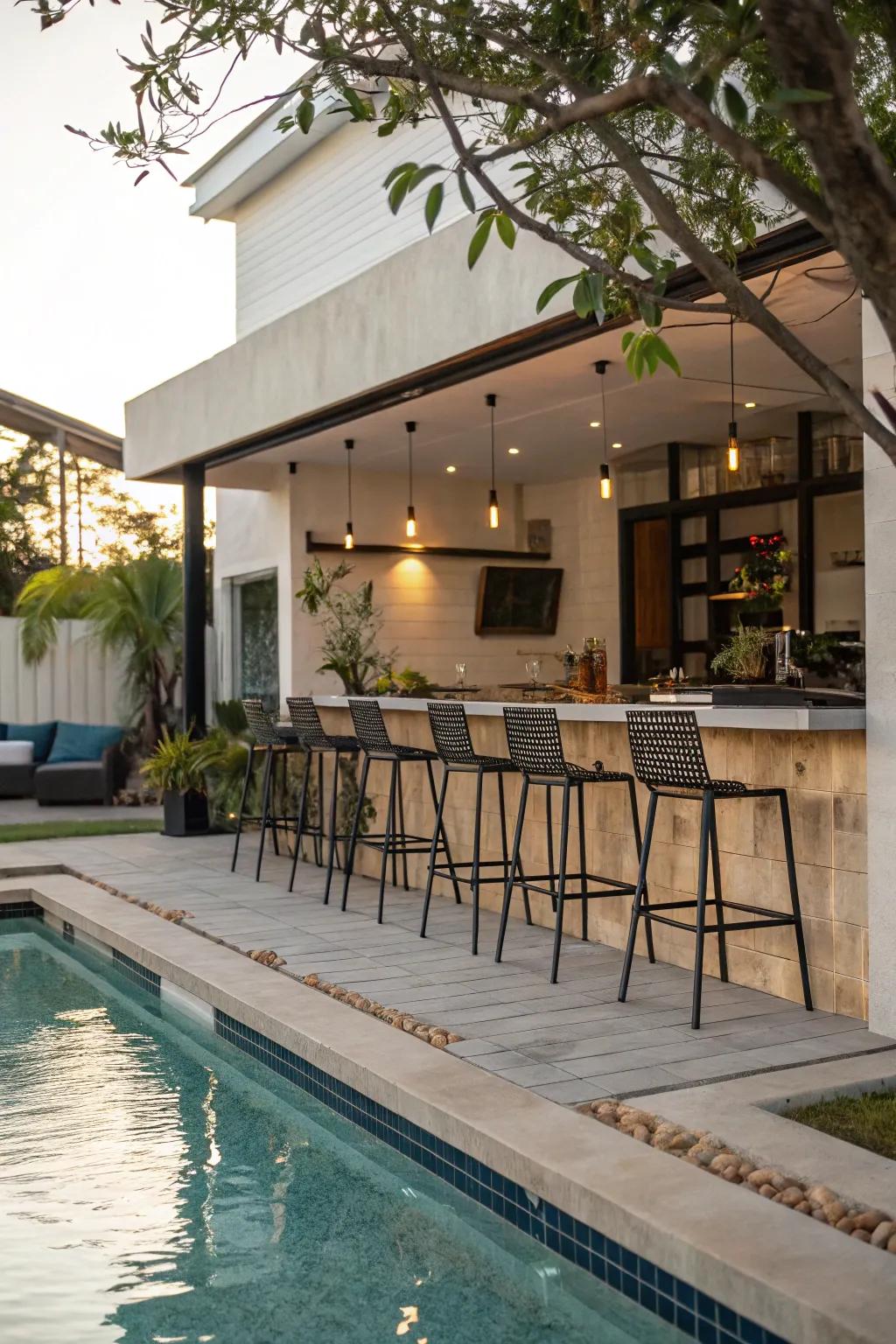 Bar stools in a cozy seating area by the pool.