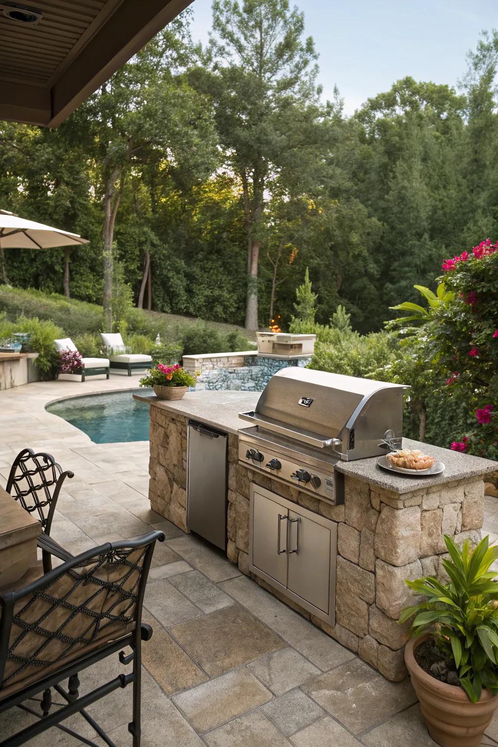 A sleek built-in grill ready for poolside cooking.