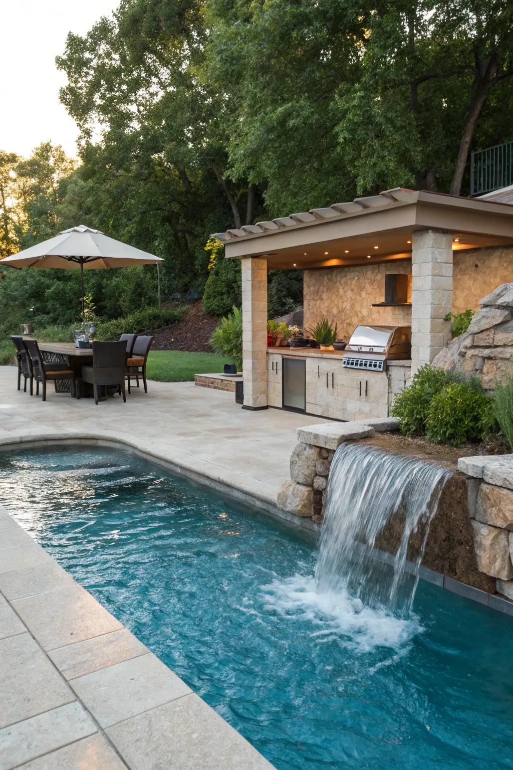 A stunning waterfall adding charm to the pool.