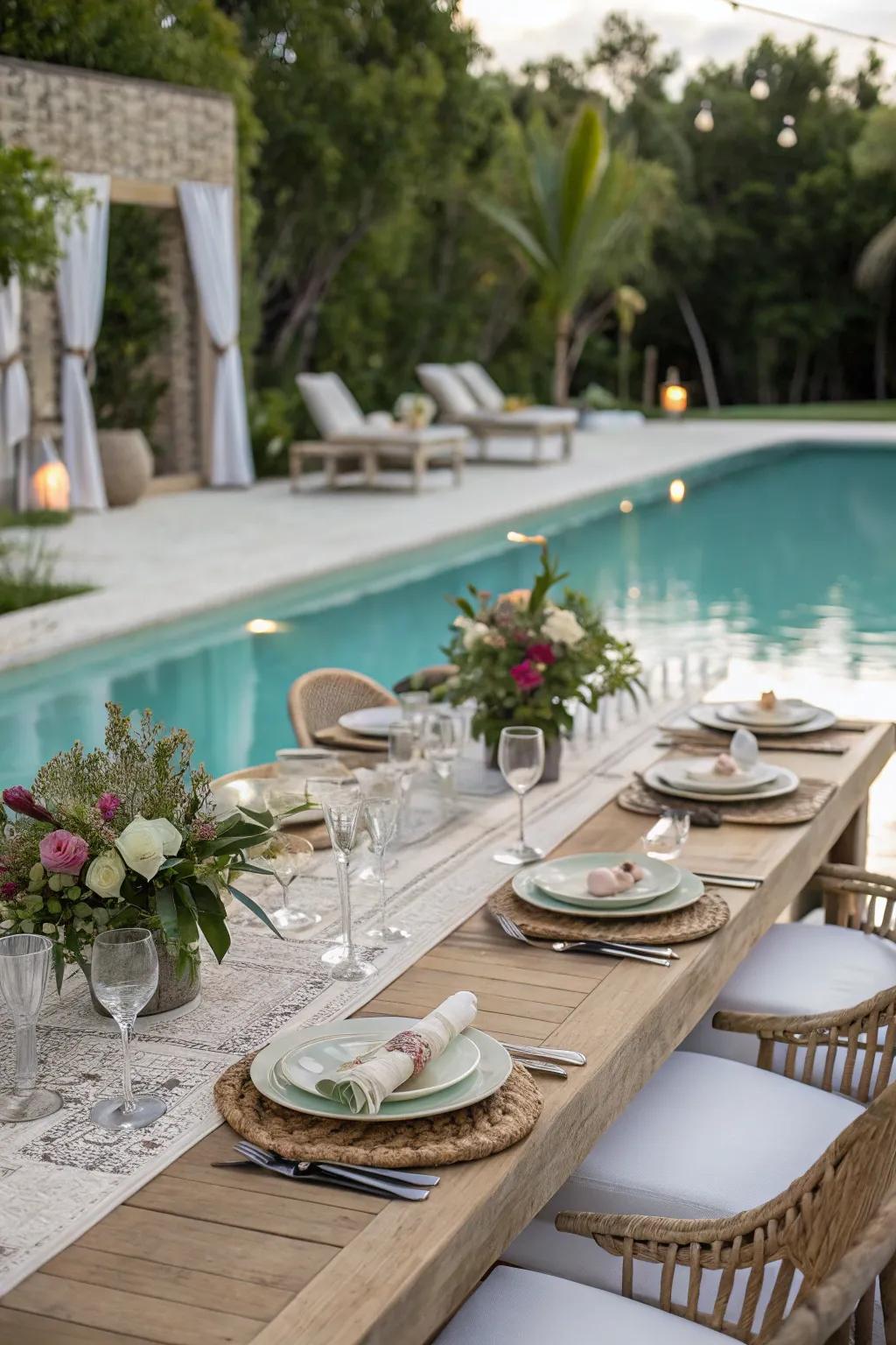 A beautifully set dining table by the pool.