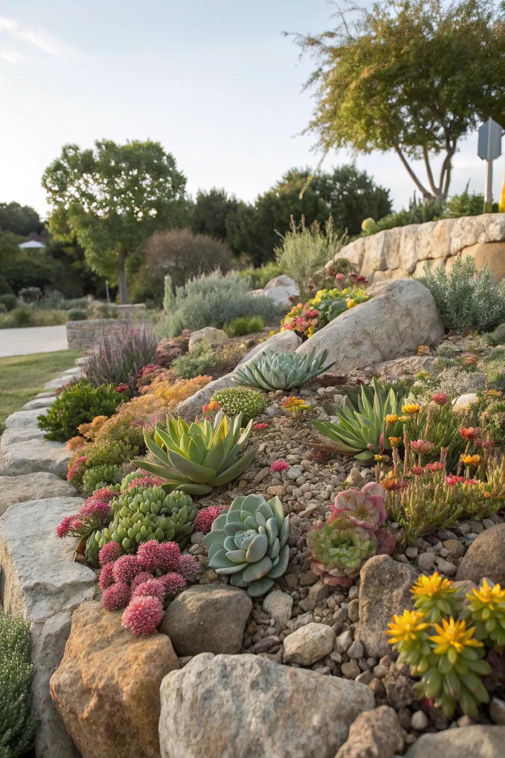 Succulents and flowers make a perfect pair in rock gardens.