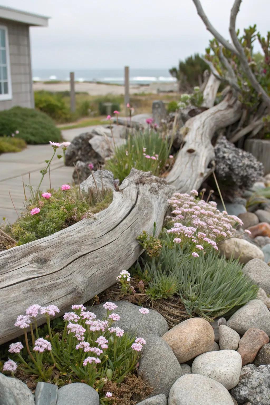Driftwood and rocks create a rustic, natural aesthetic.