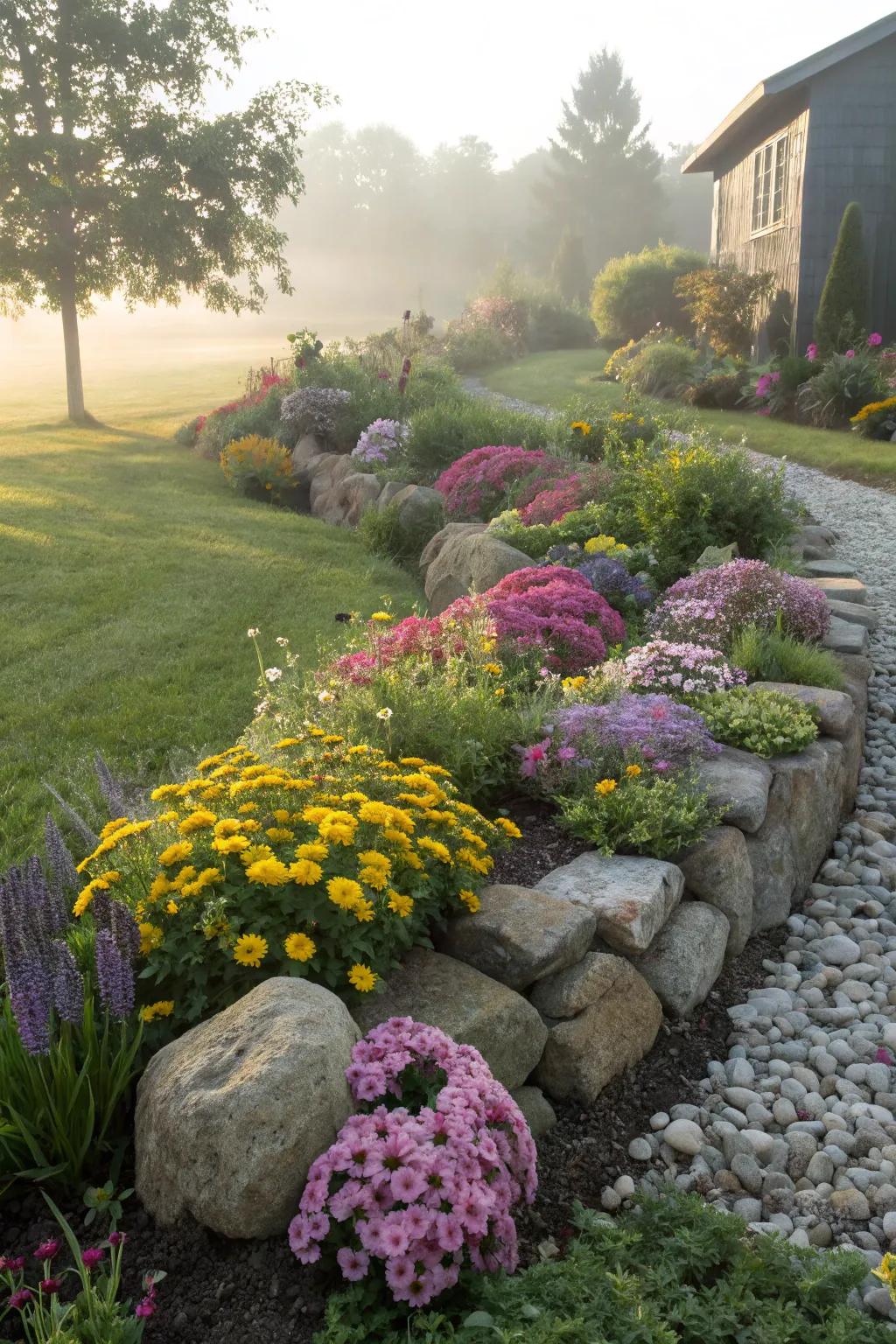 Rock borders bring structure and charm to garden corners.