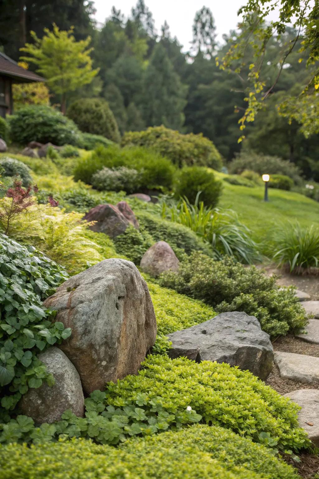 Ground cover plants add softness and greenery around rocks.