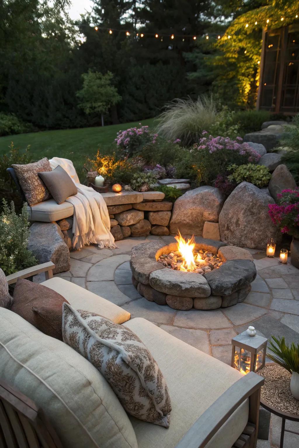 A rocky fire pit corner is ideal for cozy nights.