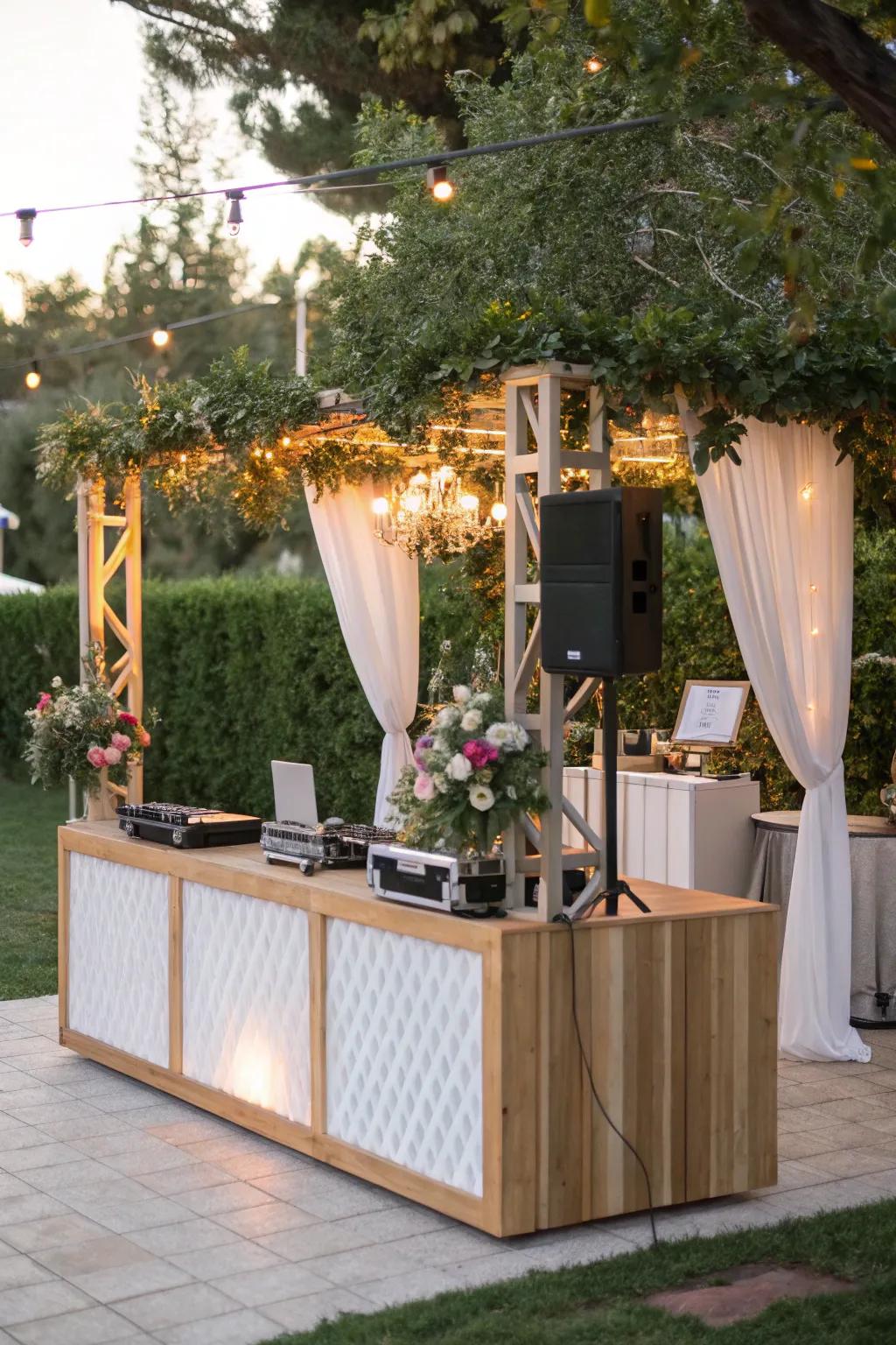 A chic DJ booth enhances the elegance of an outdoor wedding.