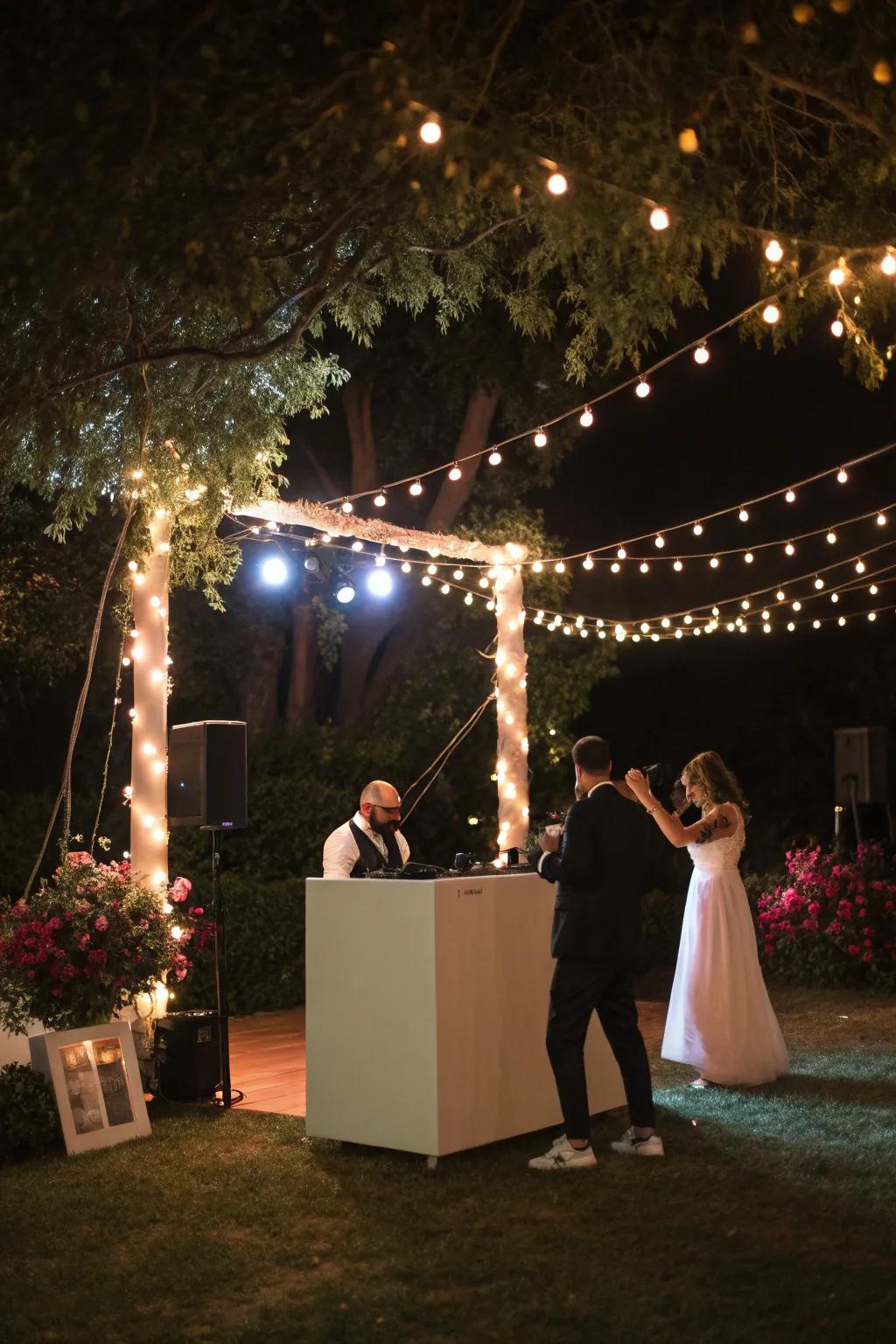 Ambient lighting transforms the outdoor wedding space into a romantic haven.