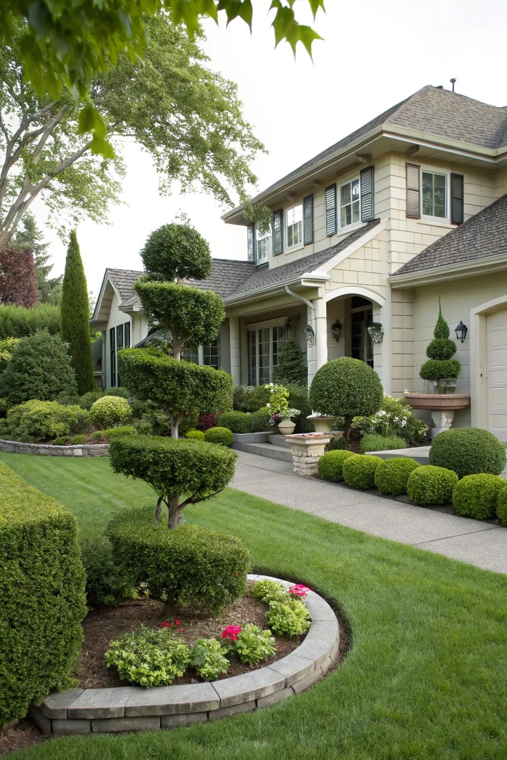Residential topiary landscaping enhances curb appeal.