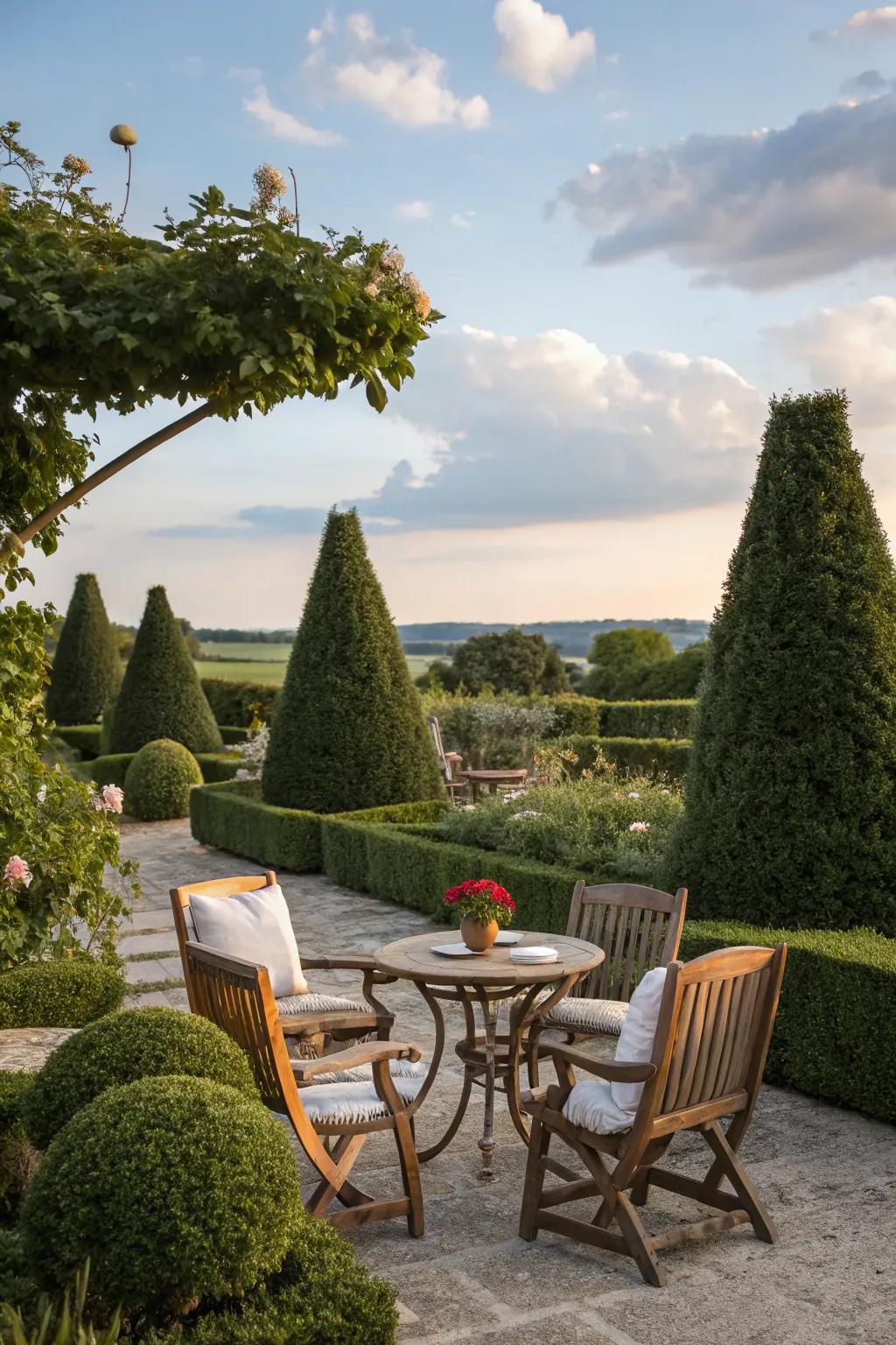 Topiary enhances outdoor seating areas with style and privacy.