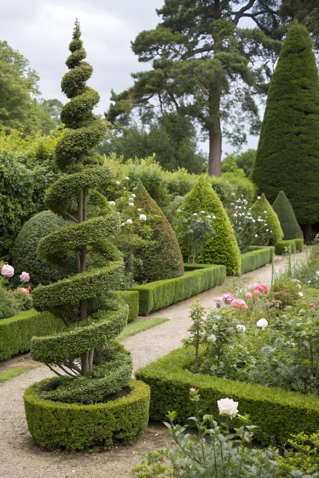 Whimsical topiary shapes bring playful elegance to the garden.