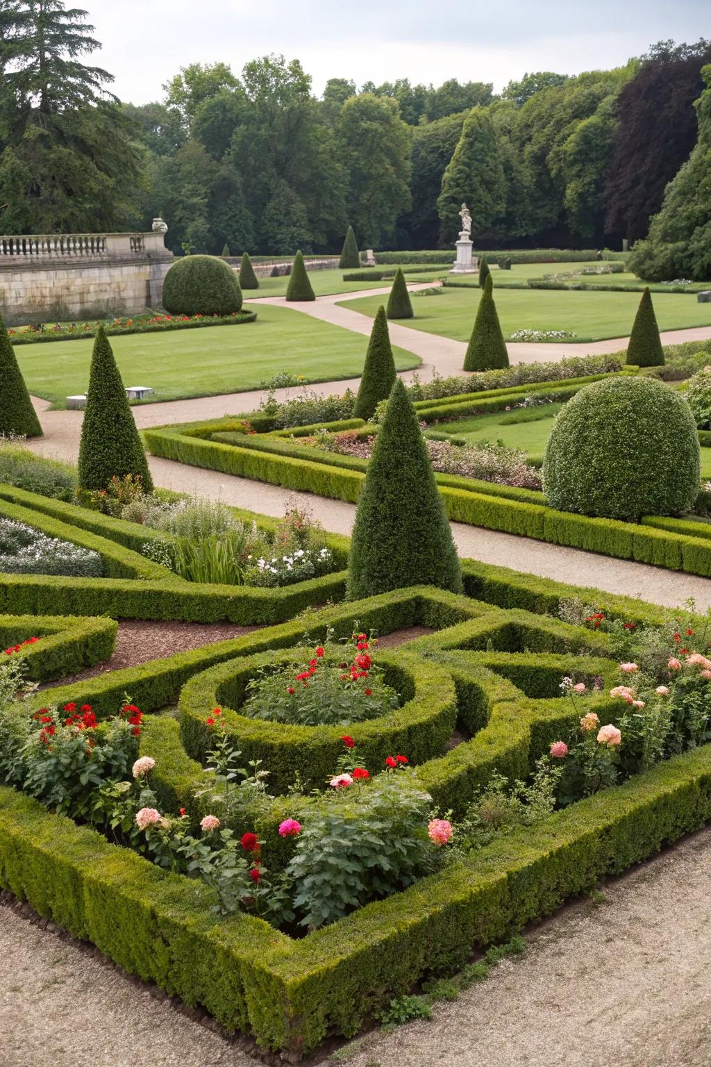 Symmetrical topiary designs add a classic touch to gardens.