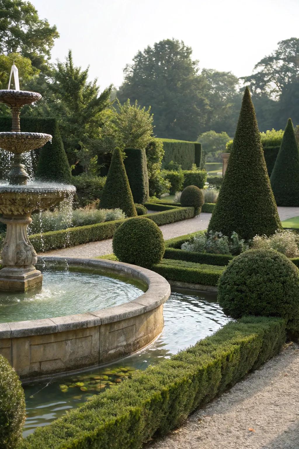 Topiary around water features enhances tranquility and beauty.