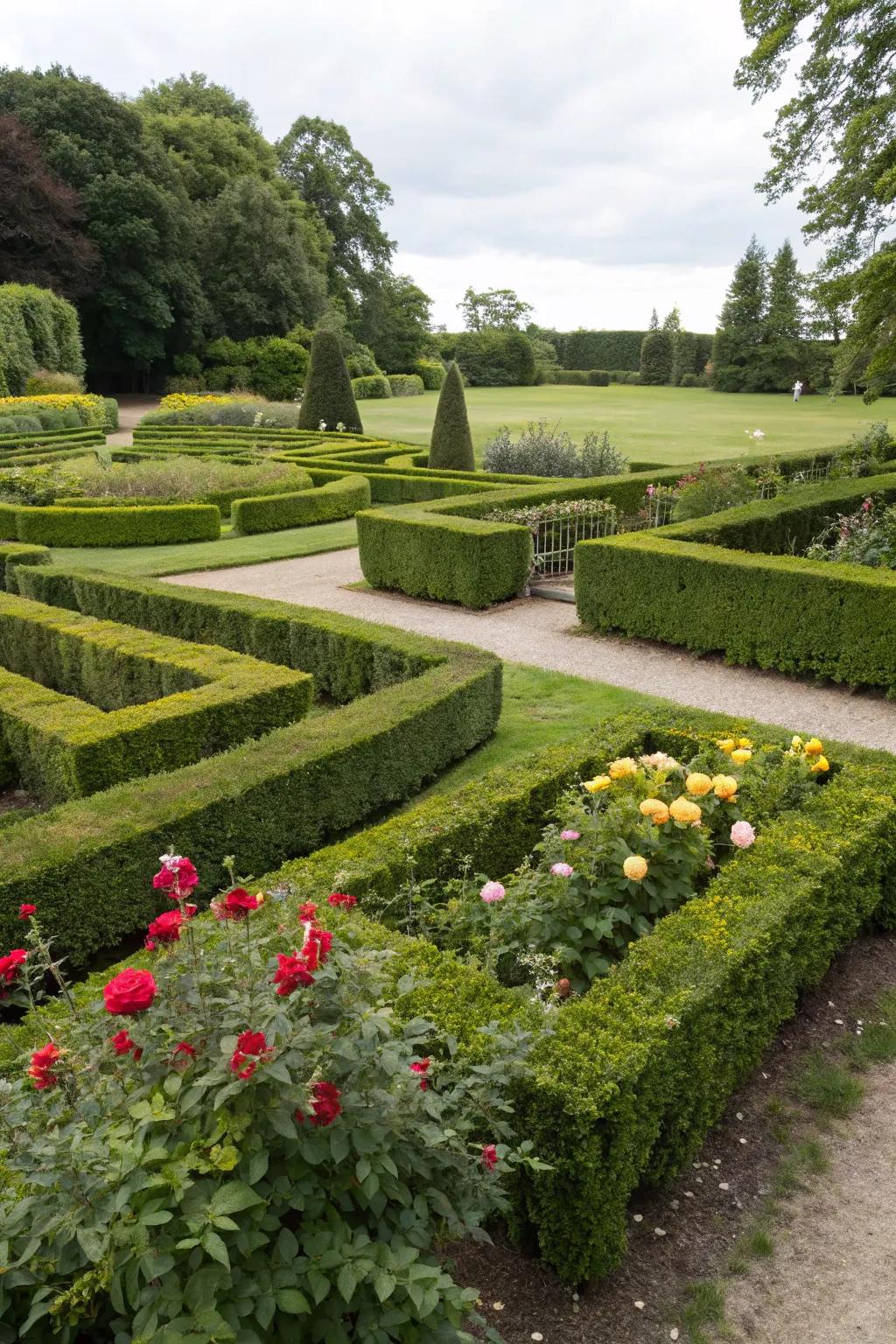 A topiary maze adds an element of fun and exploration.