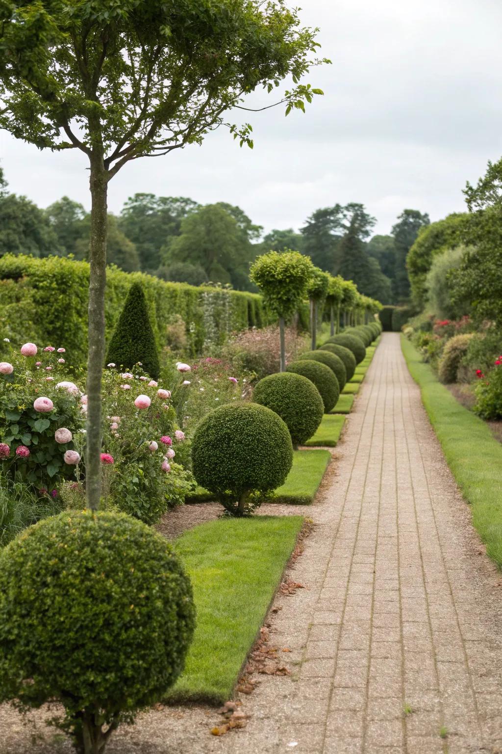 Topiary-lined pathways create a welcoming journey through the garden.