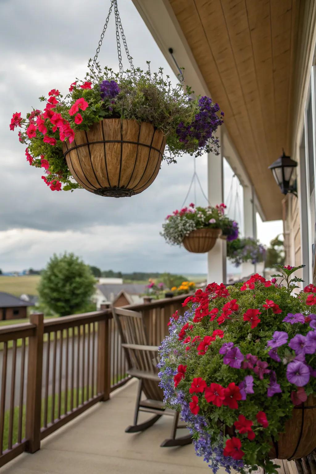 Create a cascading floral display with hanging baskets.