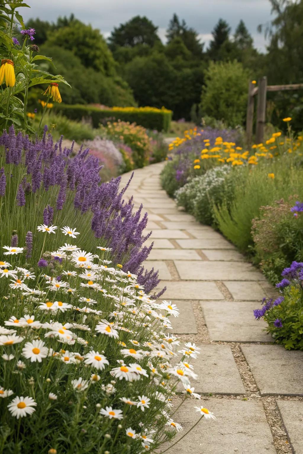 Define pathways with colorful flower borders.
