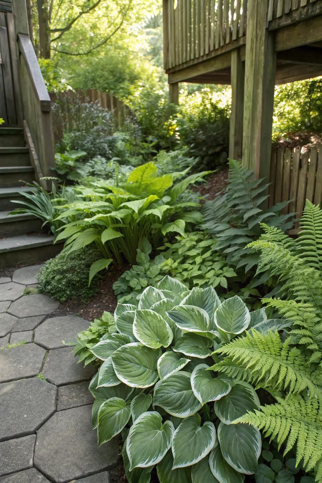 Shade-loving plants add elegance to dim corners.