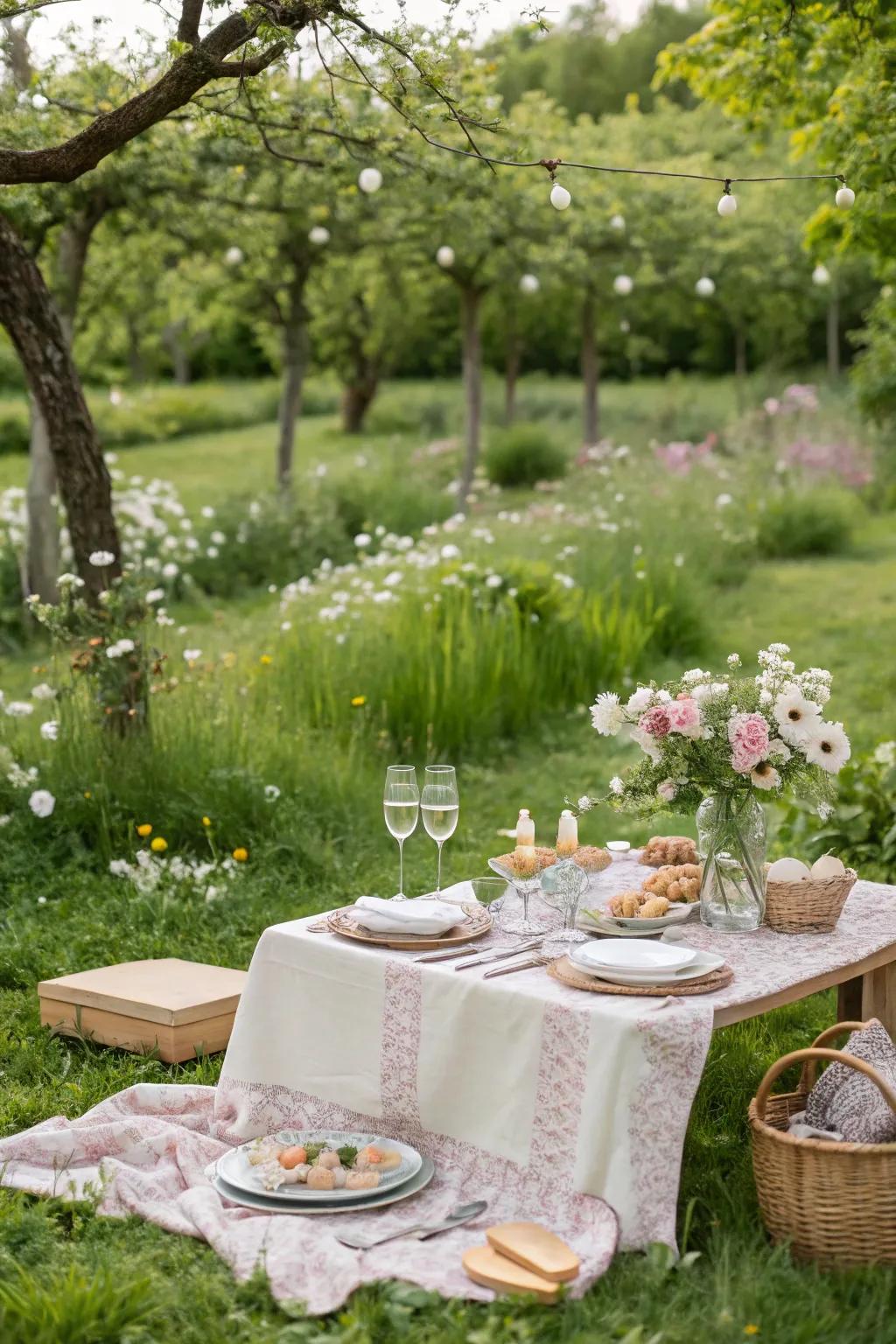 Create a charming picnic atmosphere with natural touches and gourmet delights.