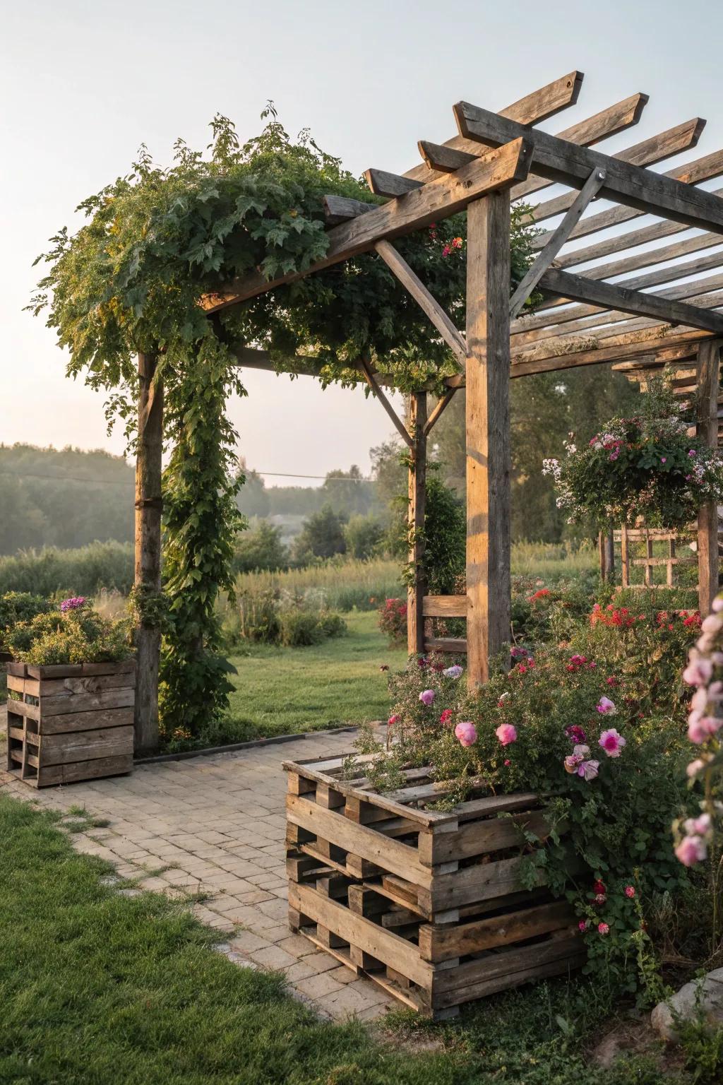 A rustic pergola made from repurposed wooden pallets.