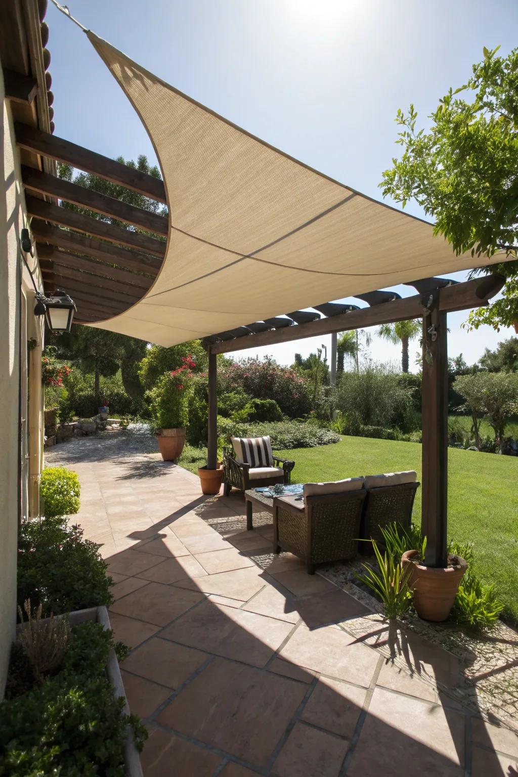 A sail shade offers stylish sun protection.