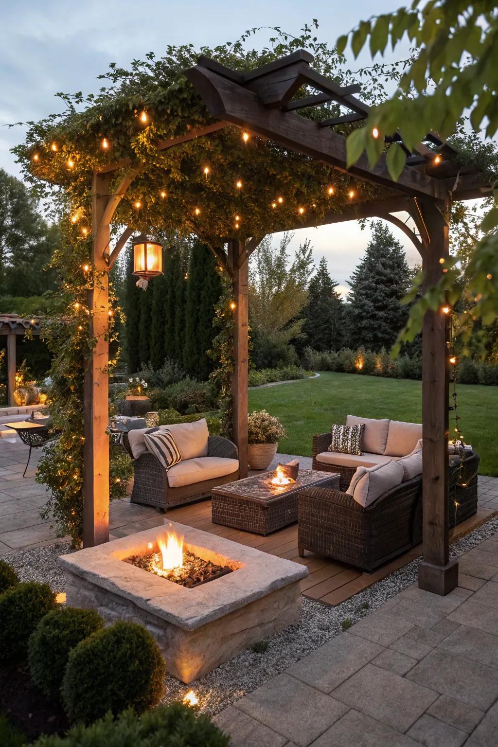 A fire pit creates a warm and inviting pergola setting.