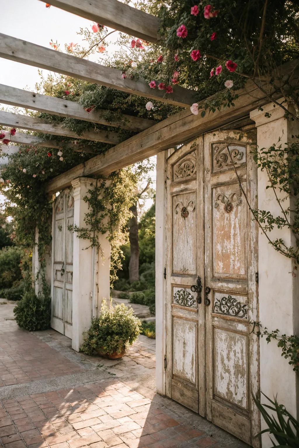 Old doors add a vintage charm to your pergola.