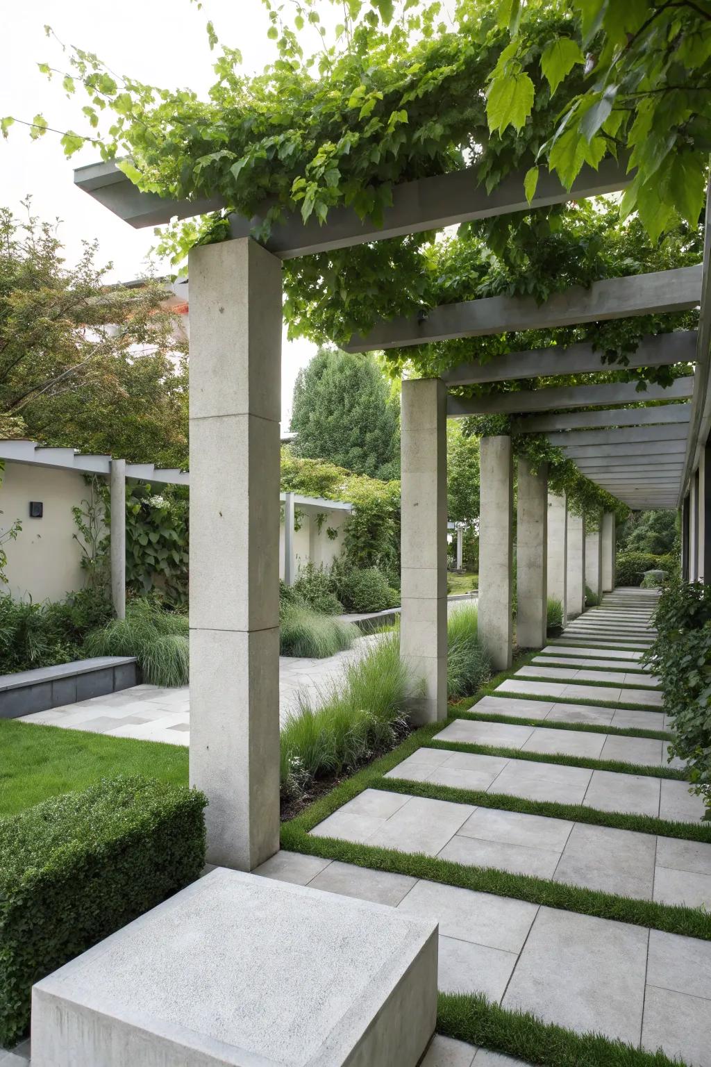 Concrete blocks as posts offer a modern and sturdy design.