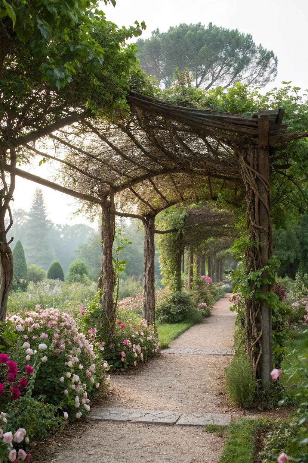 A living pergola crafted from natural materials.