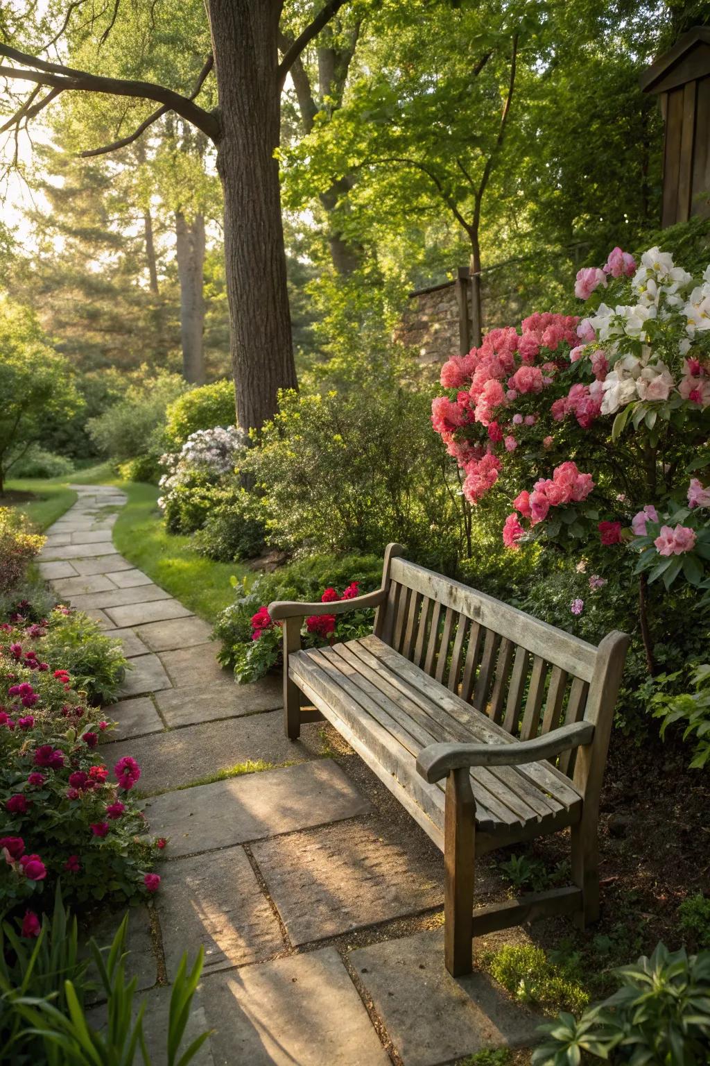 A cozy corner bench surrounded by lush greenery.