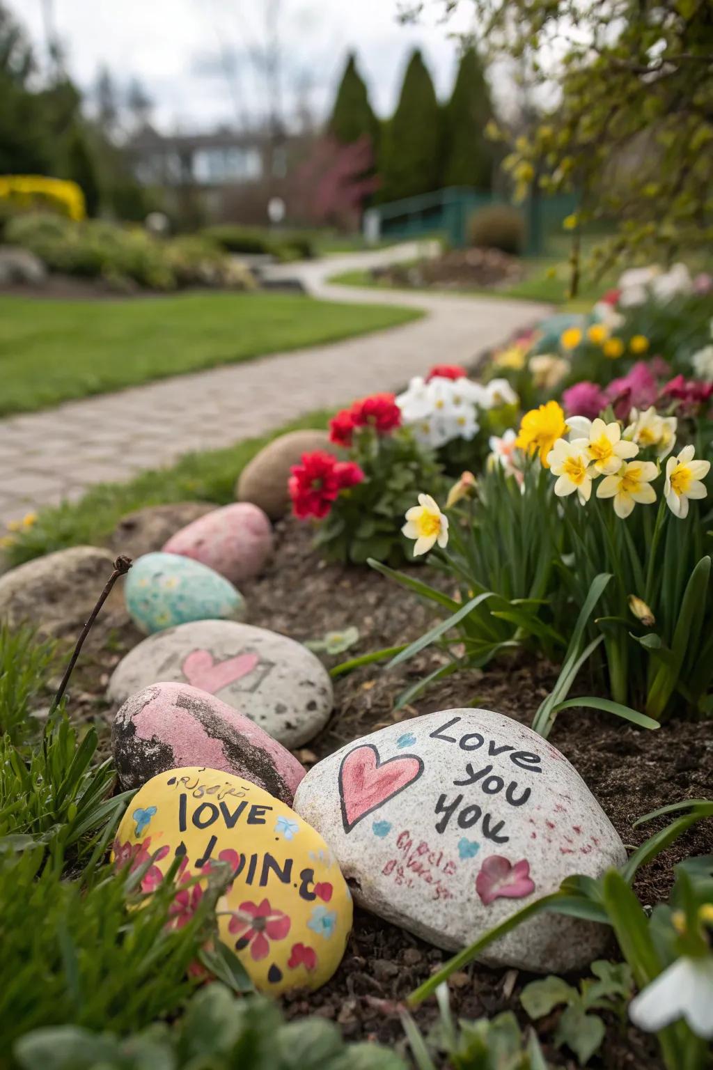 Painted rocks adding colorful reminders.