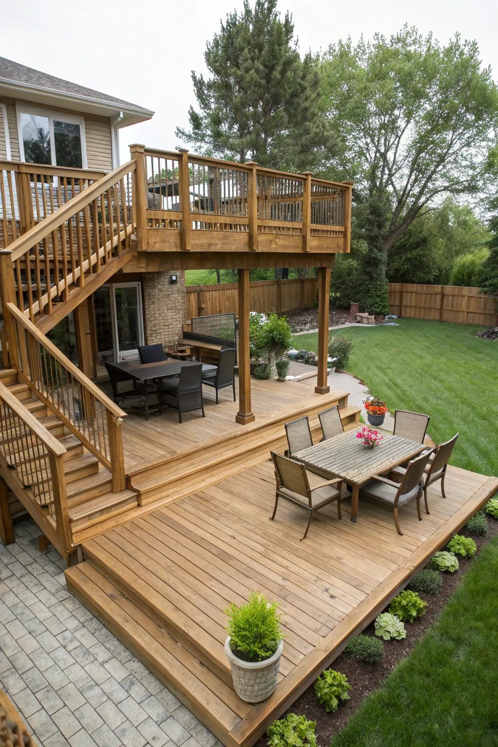 A multi-level deck introduces visual interest and functional zones.
