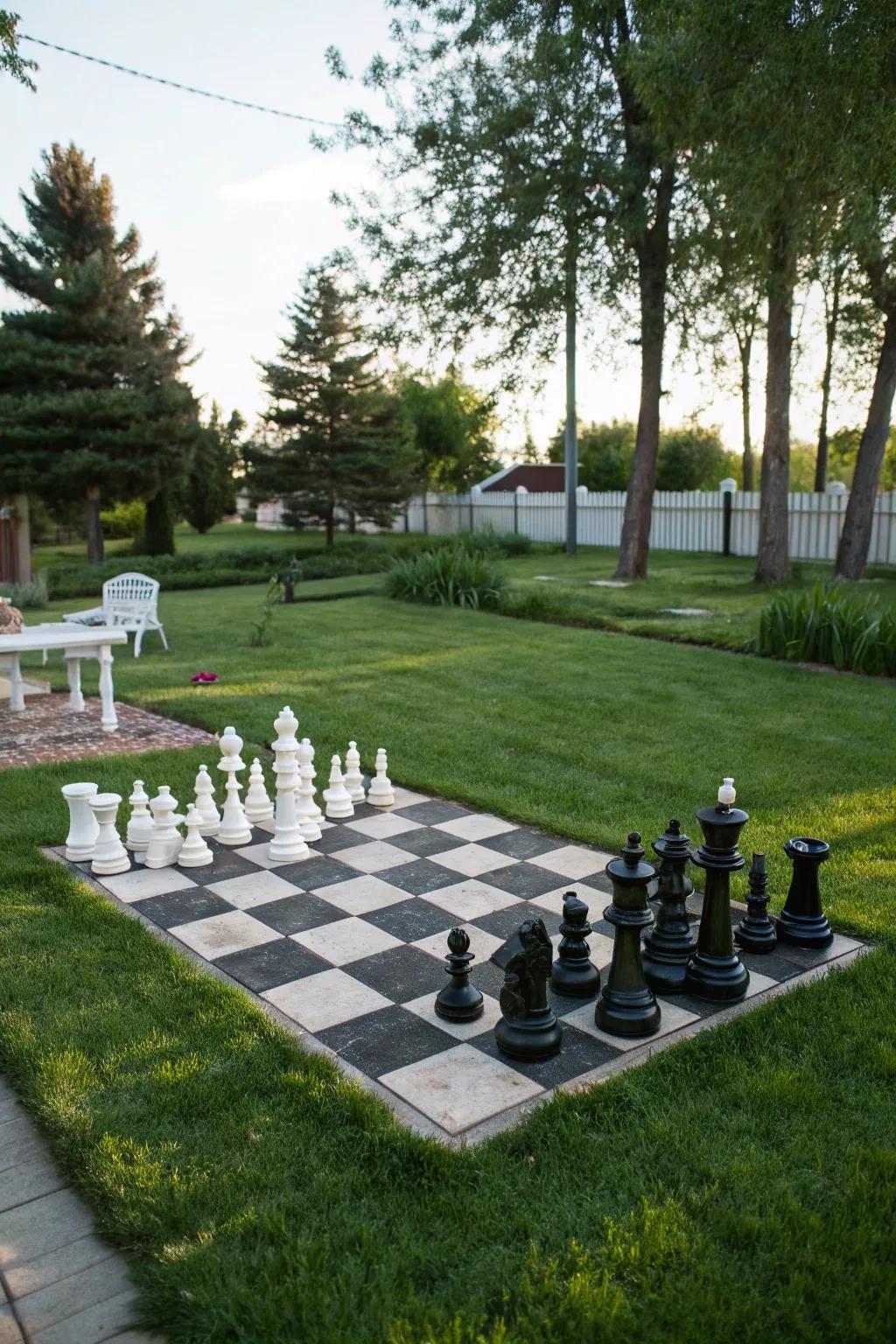 Playful elements like a chessboard add unique character to your backyard.