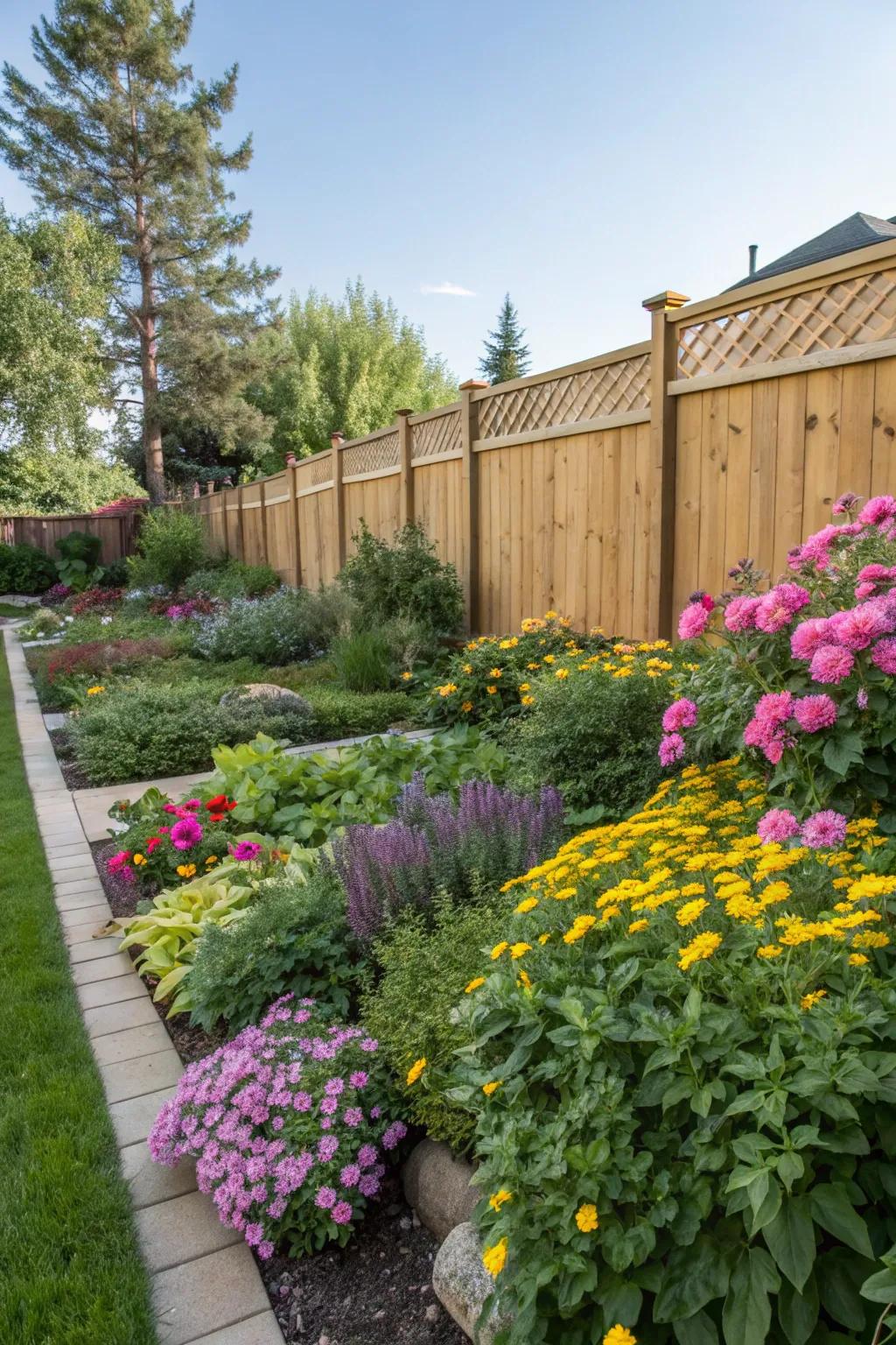 Garden beds add color and life to a flat backyard landscape.