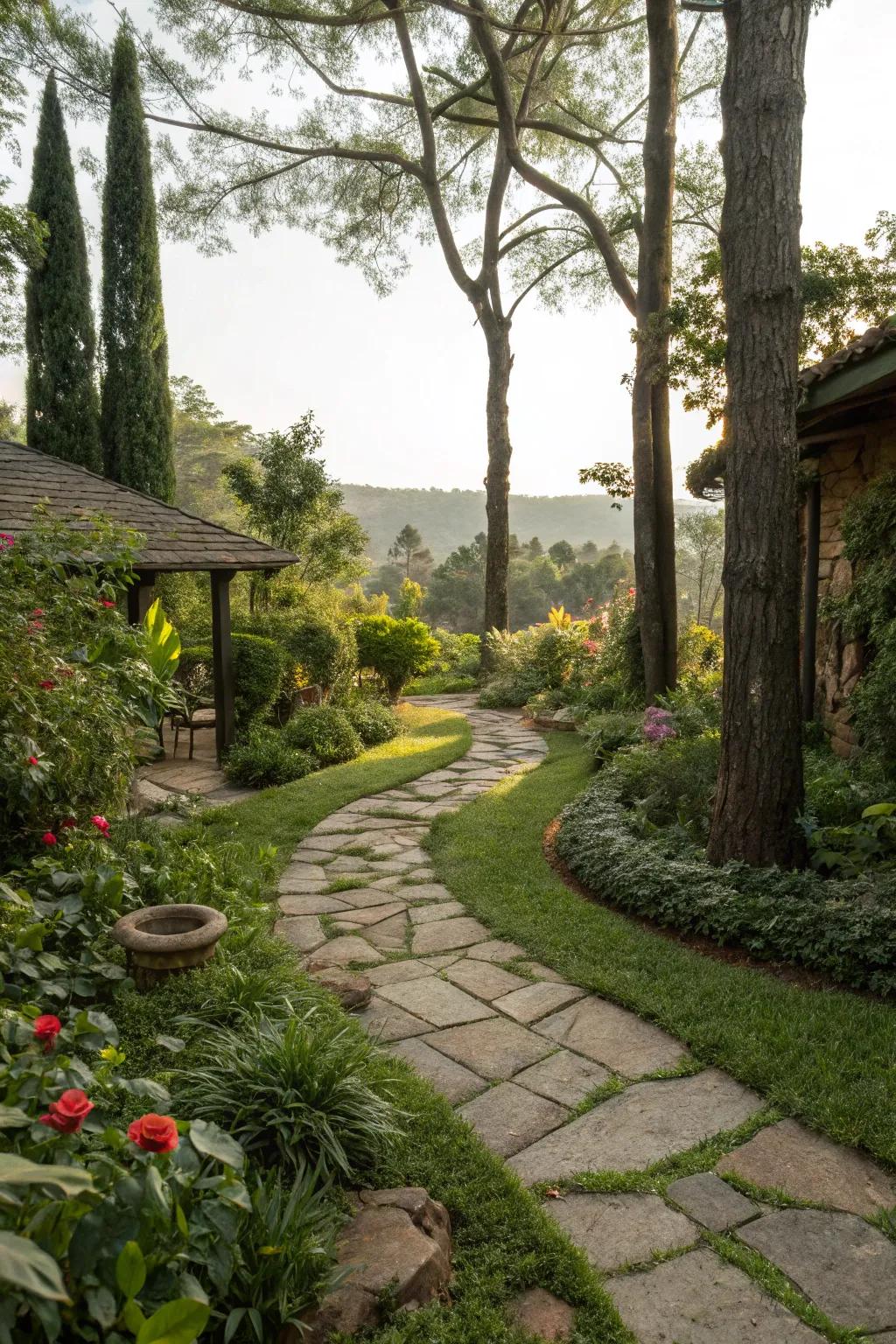 Stone pathways provide structure and guide exploration in your backyard.