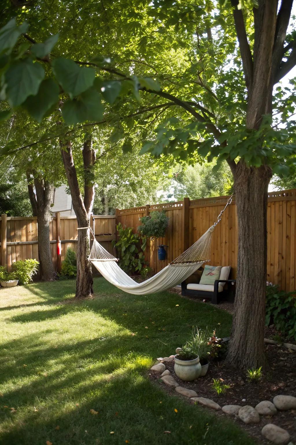 A hammock corner offers a peaceful retreat for relaxation.
