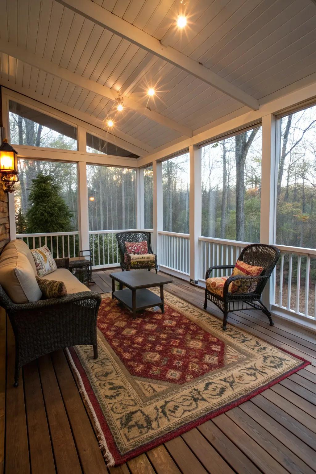 Heated rugs add comfort and warmth to your porch floor.