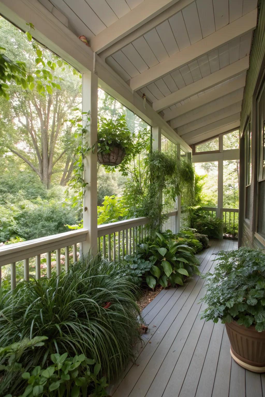 Plants serve as both decoration and natural windbreakers.