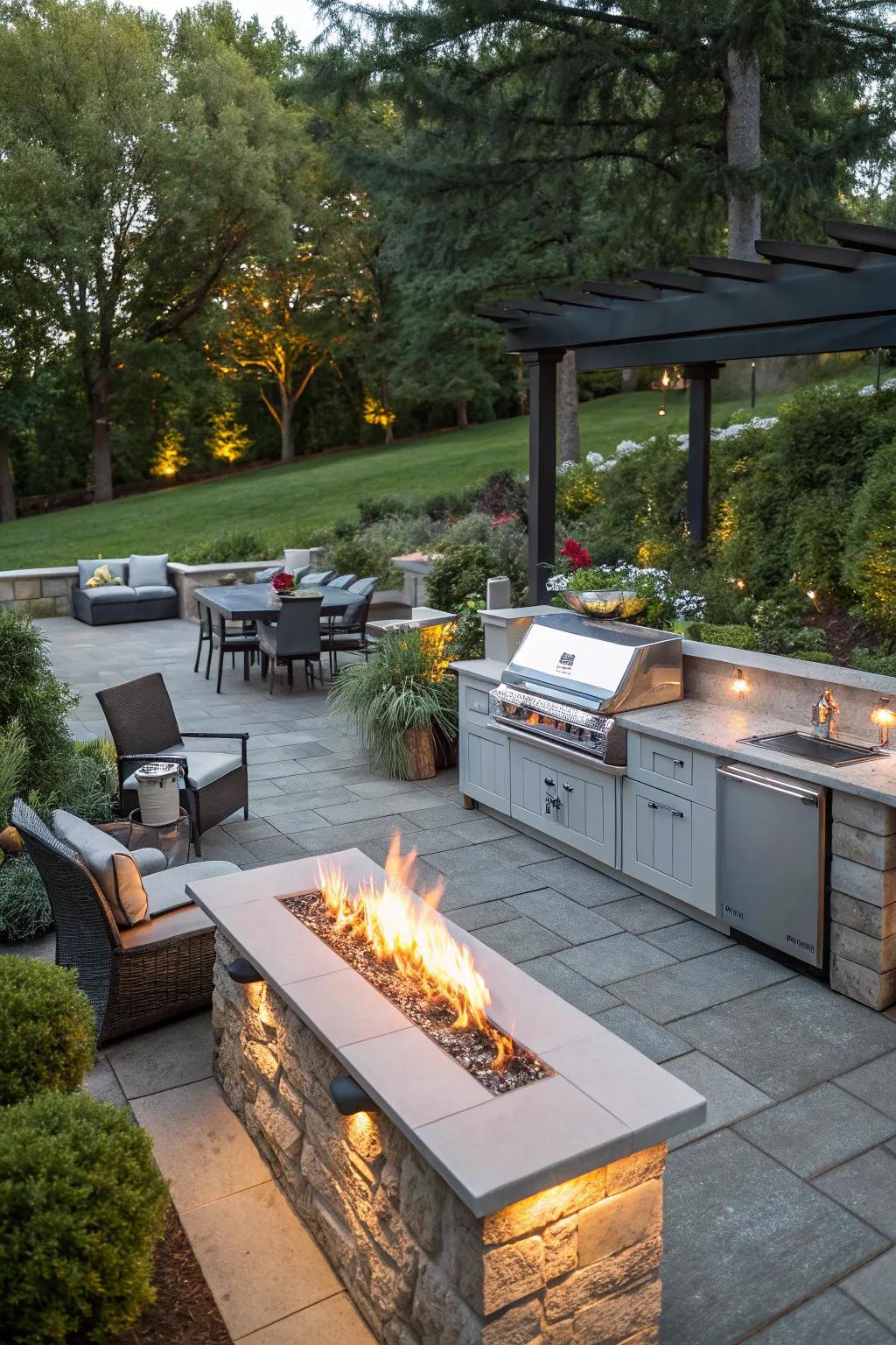 Fire features enhance warmth and atmosphere.