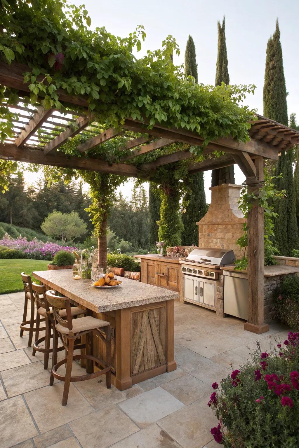 A charming pergola offers both shade and a natural touch to the outdoor kitchen.