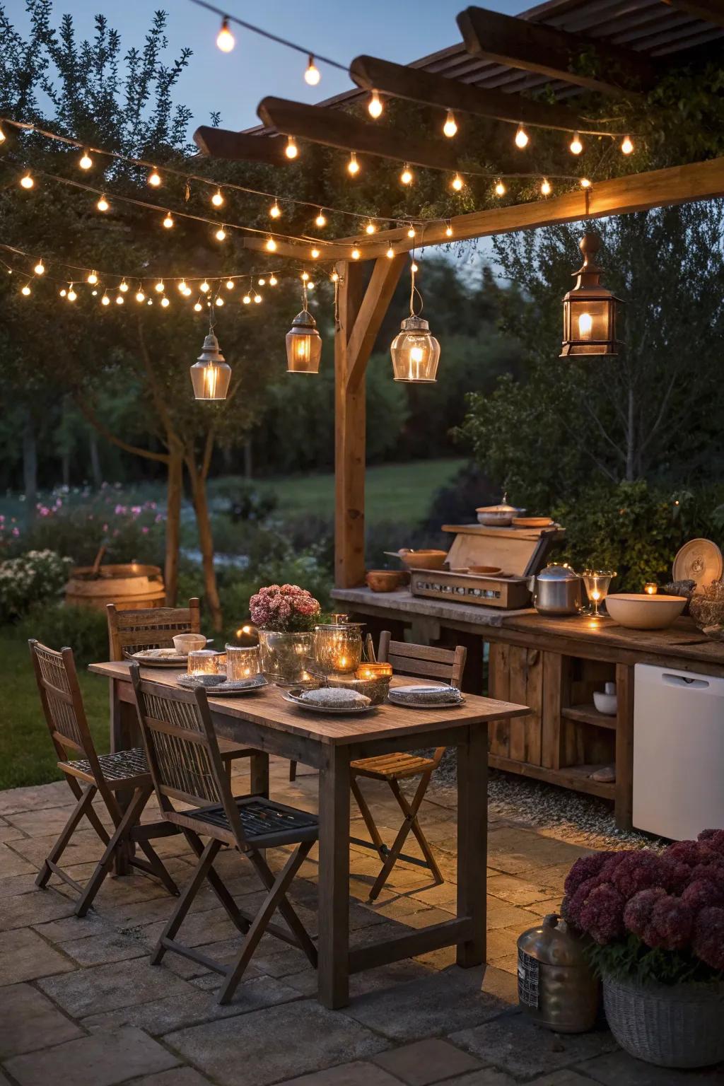 Ambient lighting transforms the outdoor kitchen into a magical evening space.