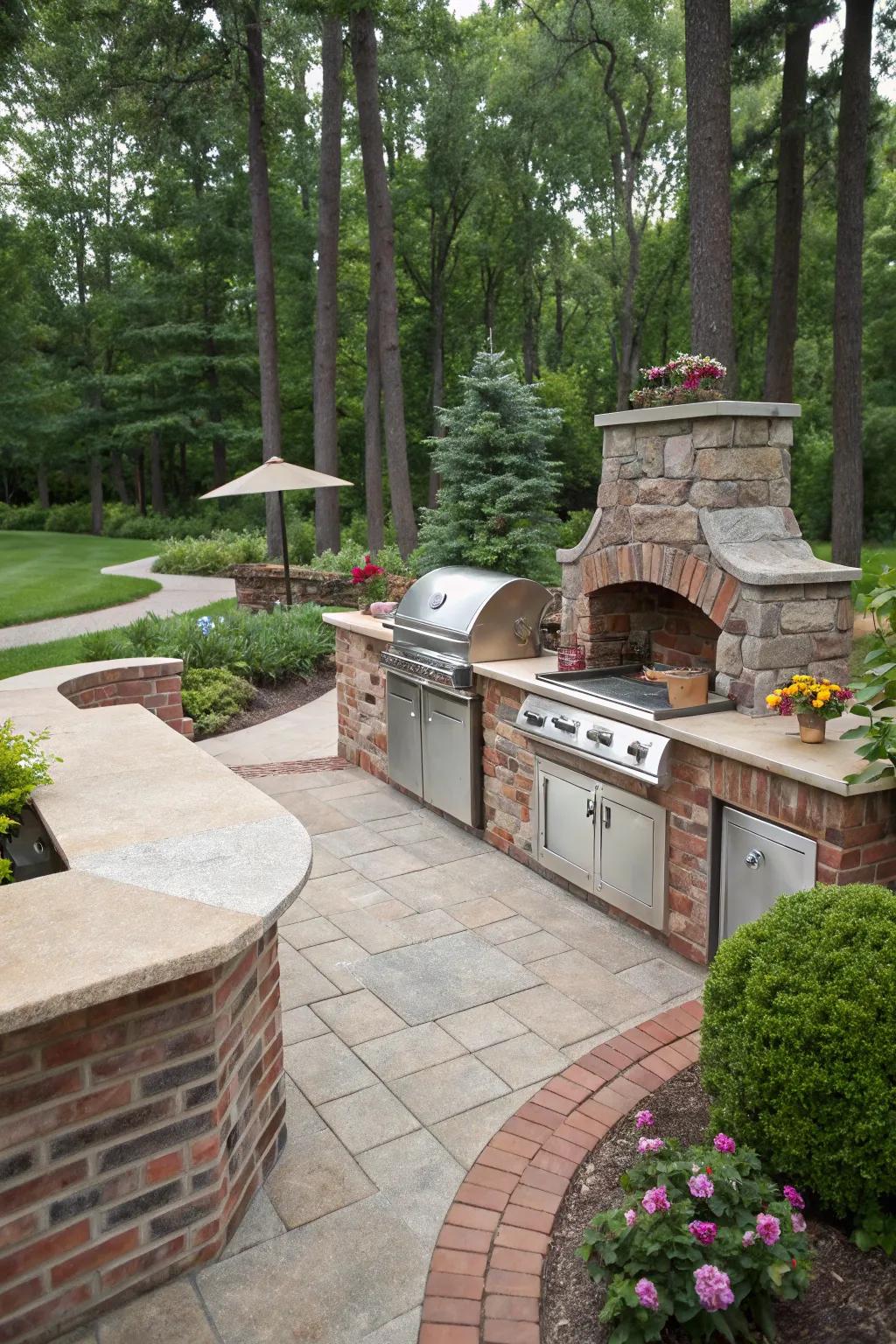 Rustic stone and brick accents elevate the natural beauty of the kitchen area.