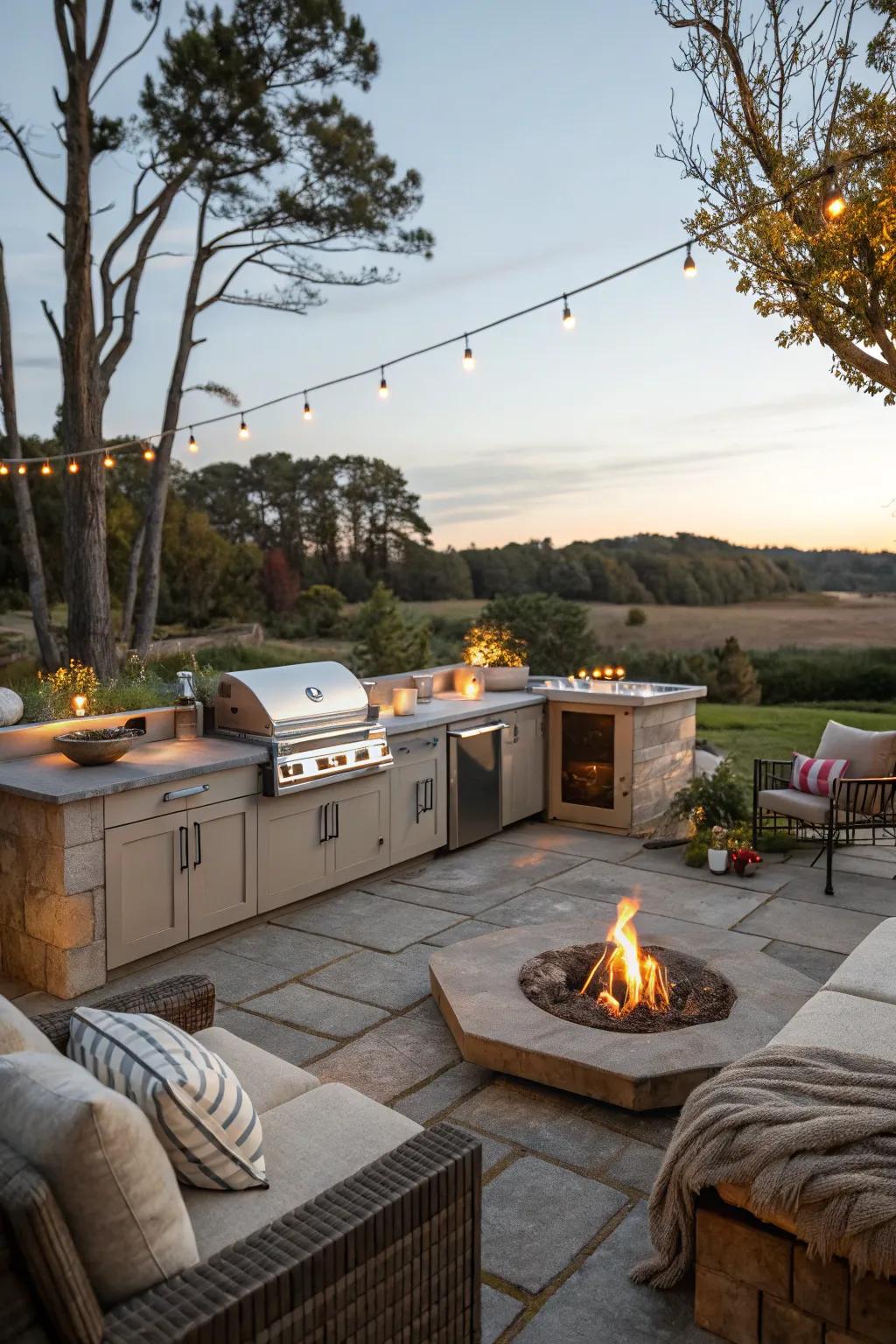 A fire pit adds warmth and a focal point for gatherings.