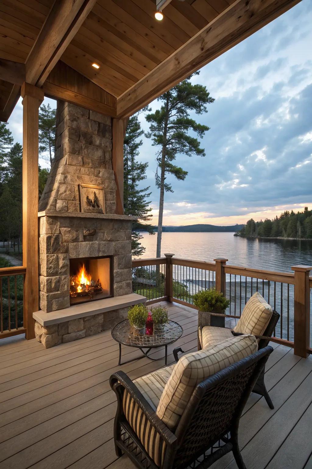 A fireplace adds warmth and ambiance to your porch.
