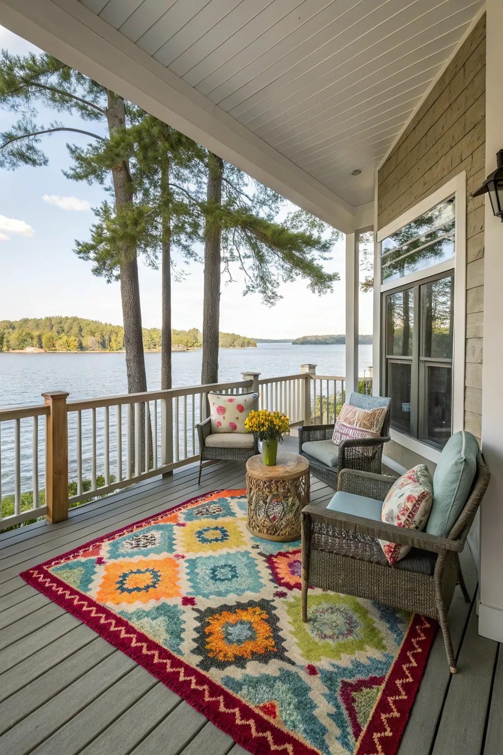 Vibrant rugs bring personality to outdoor spaces.